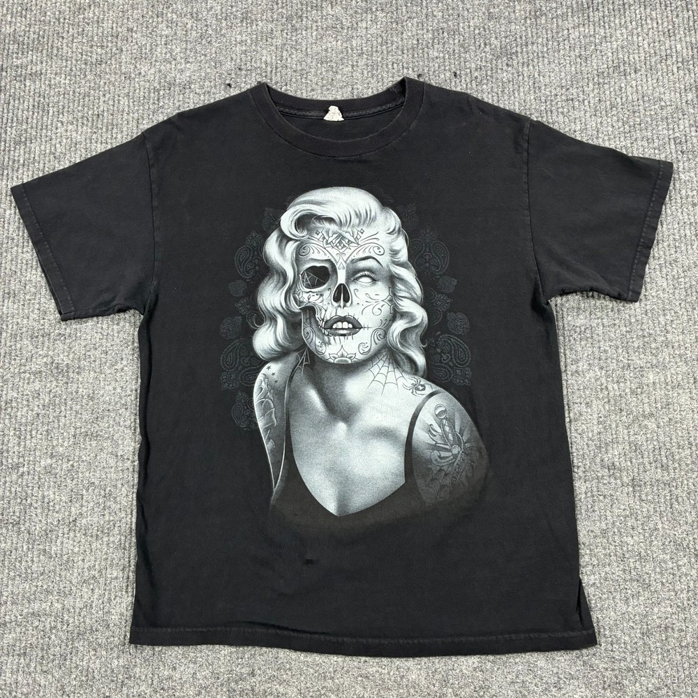Vintage Y2K Marilyn Monroe Sugar Skull T Shirt Men's L Black Alstyle Tattoo Tees